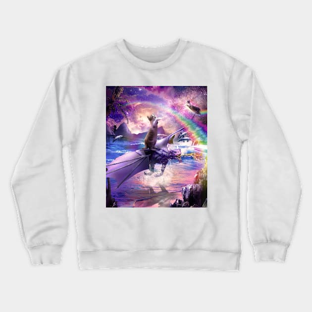 Rainbow Space Cat On Dragon Crewneck Sweatshirt by Random Galaxy